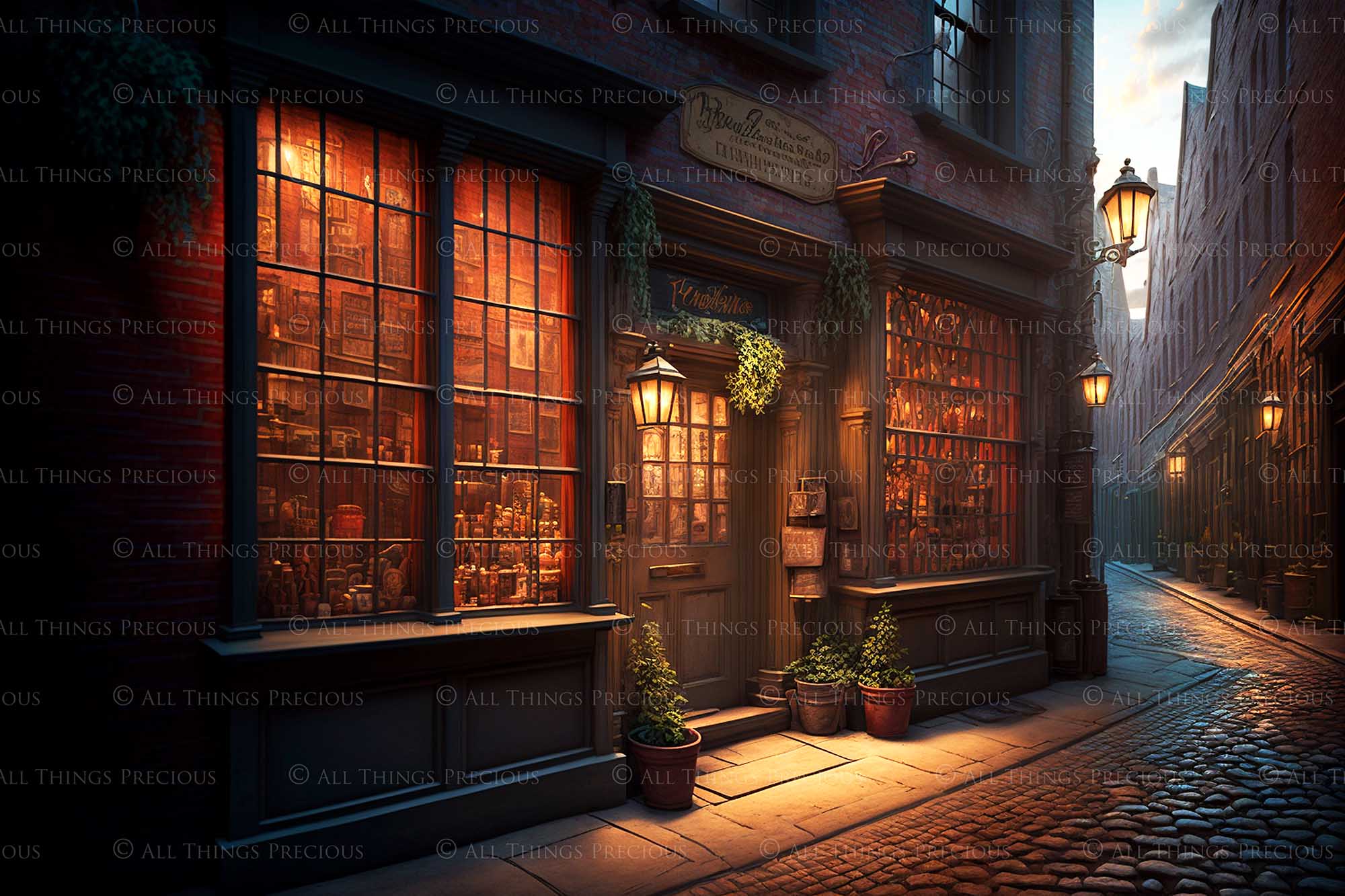 Wizard Diagon Alley digital background. High resolution harry potter themed digital backdrops made in AI. With old english shops, cobbled streets and magical lighting, these would make beautiful backdrops.